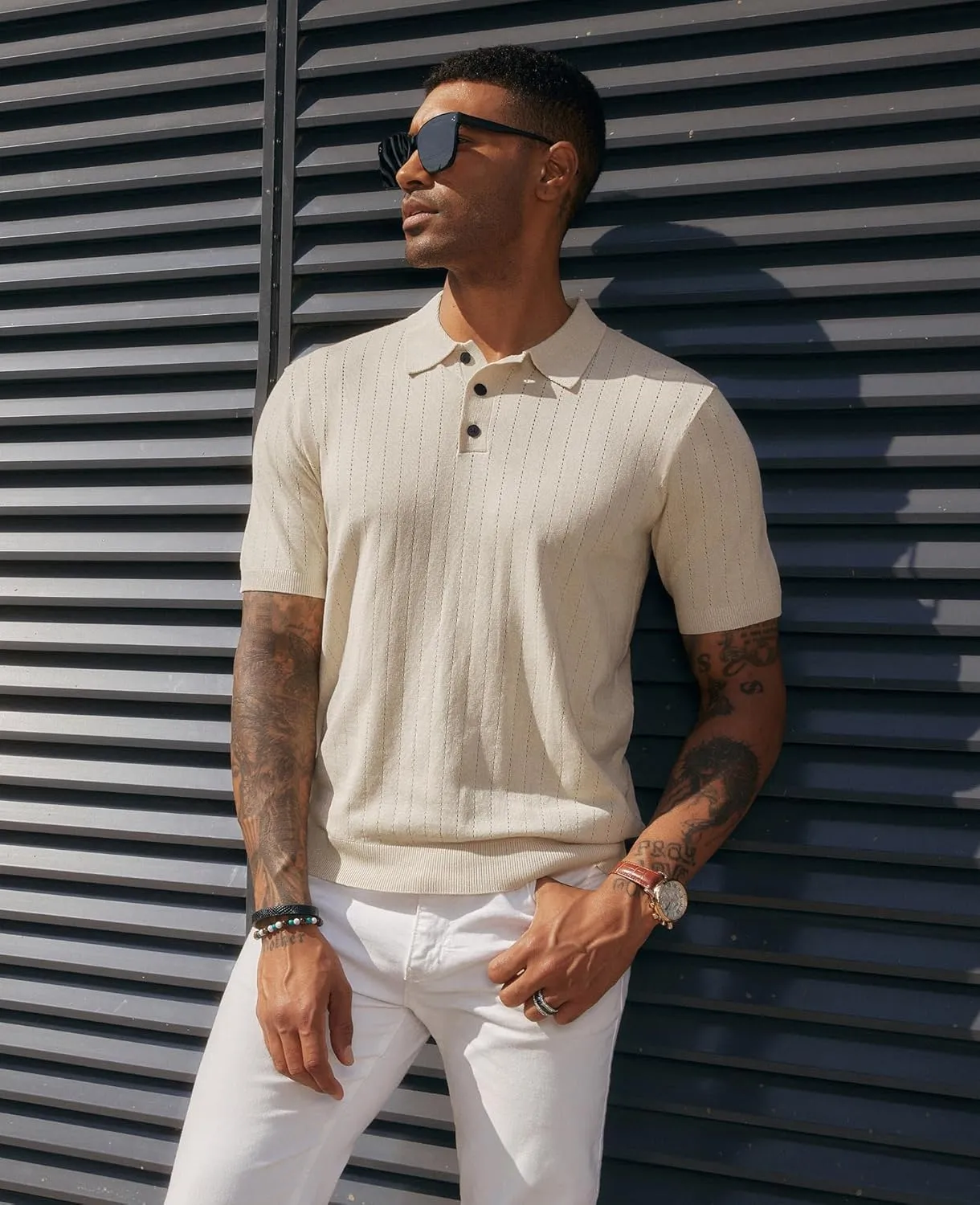 PJ PAUL JONES Men's Polo Shirts Short Sleeve Hollow Out Knit Polo Shirts Summer Lightweight Polo Sweater