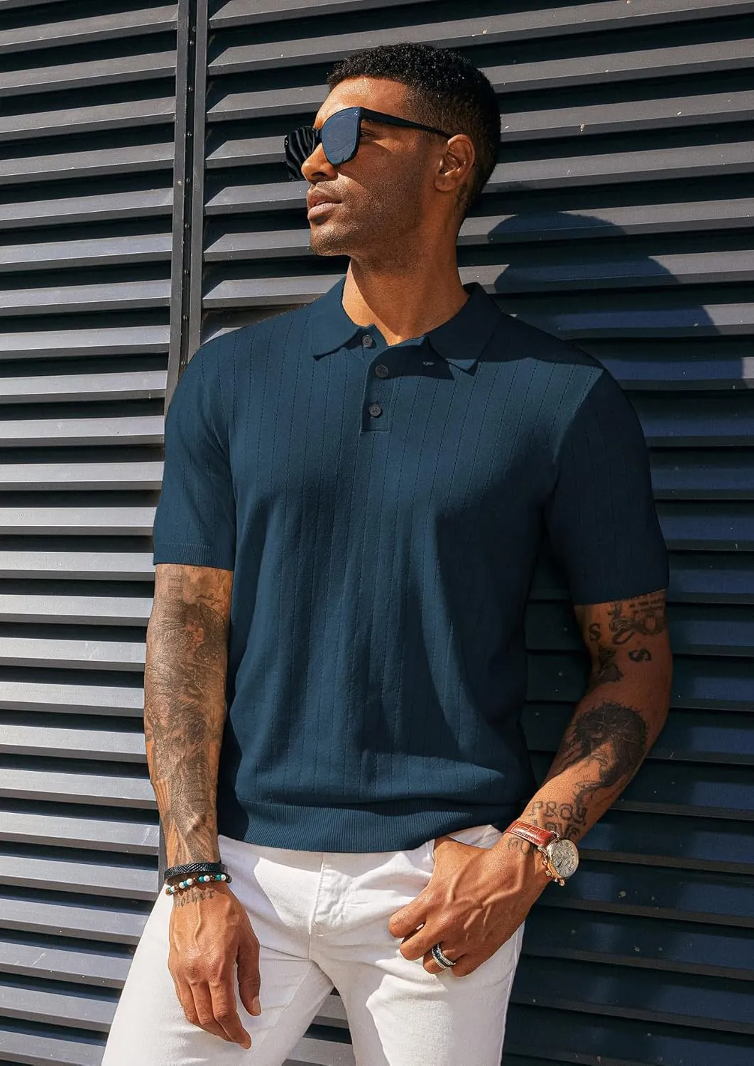 PJ PAUL JONES Men's Polo Shirts Short Sleeve Hollow Out Knit Polo Shirts Summer Lightweight Polo Sweater