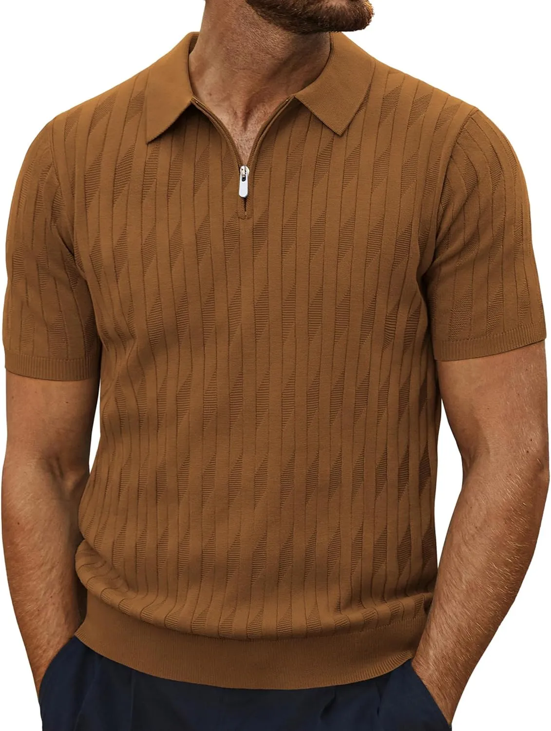 PJ PAUL JONES Men's Quarter Zip Polo Shirts Short Sleeve Textured Knit Polo T Shirt Business Casual Golf Shirts