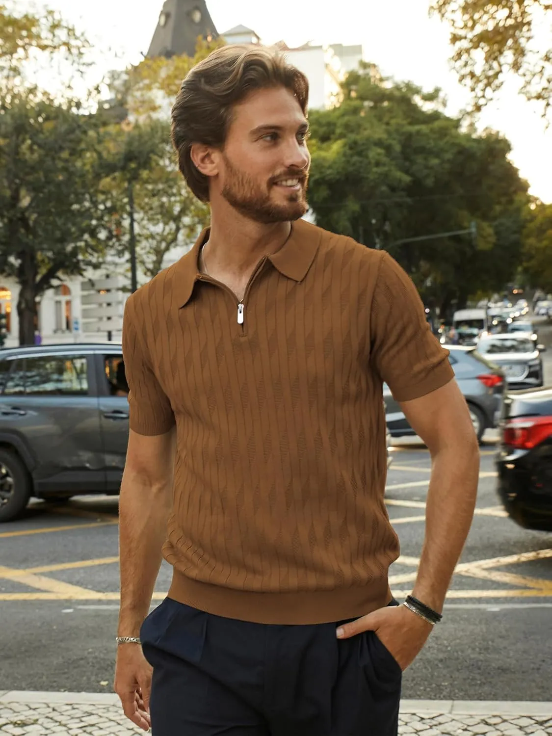 PJ PAUL JONES Men's Quarter Zip Polo Shirts Short Sleeve Textured Knit Polo T Shirt Business Casual Golf Shirts