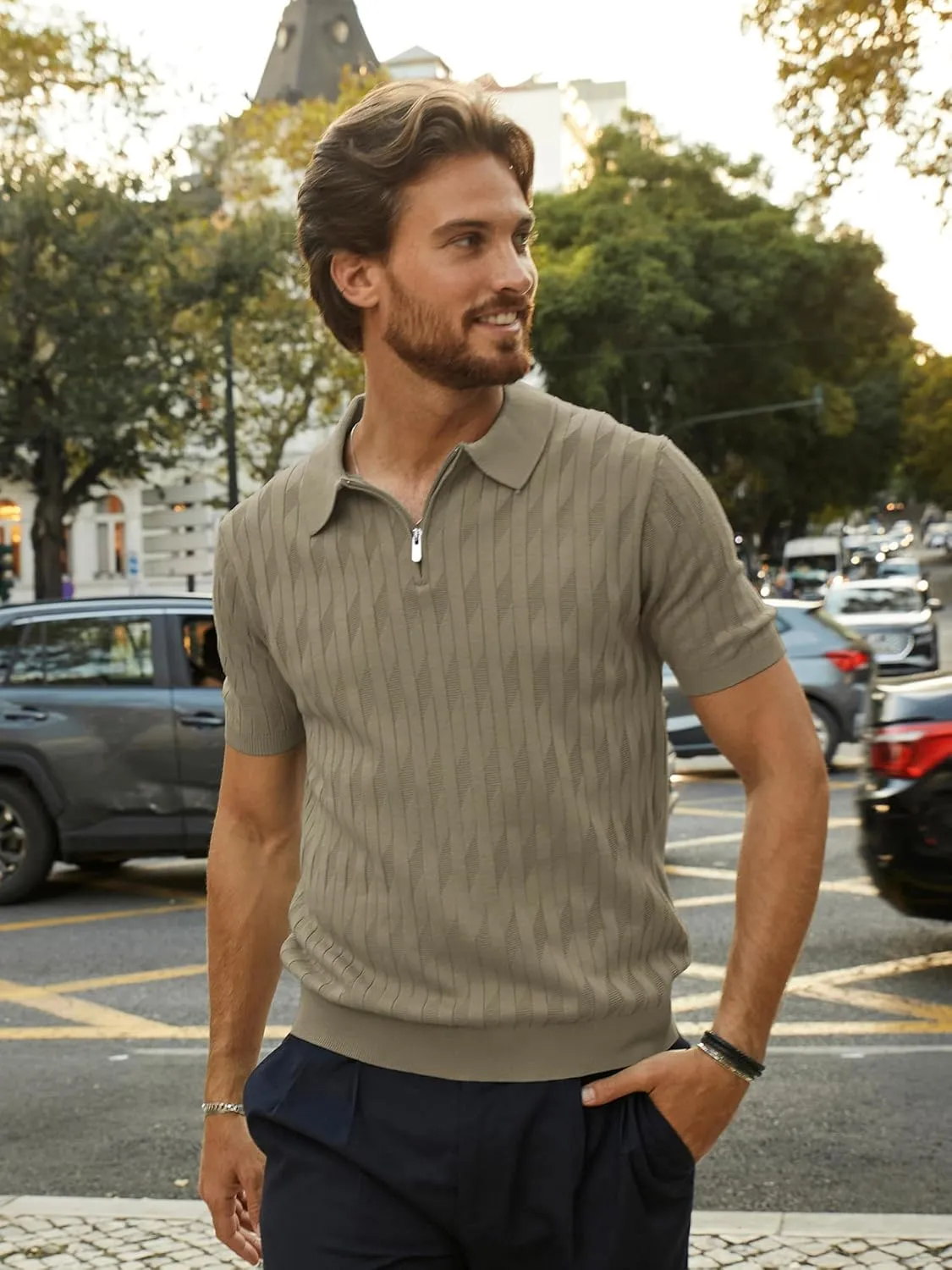 PJ PAUL JONES Men's Quarter Zip Polo Shirts Short Sleeve Textured Knit Polo T Shirt Business Casual Golf Shirts