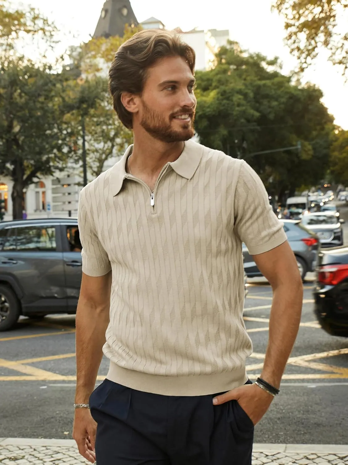PJ PAUL JONES Men's Quarter Zip Polo Shirts Short Sleeve Textured Knit Polo T Shirt Business Casual Golf Shirts