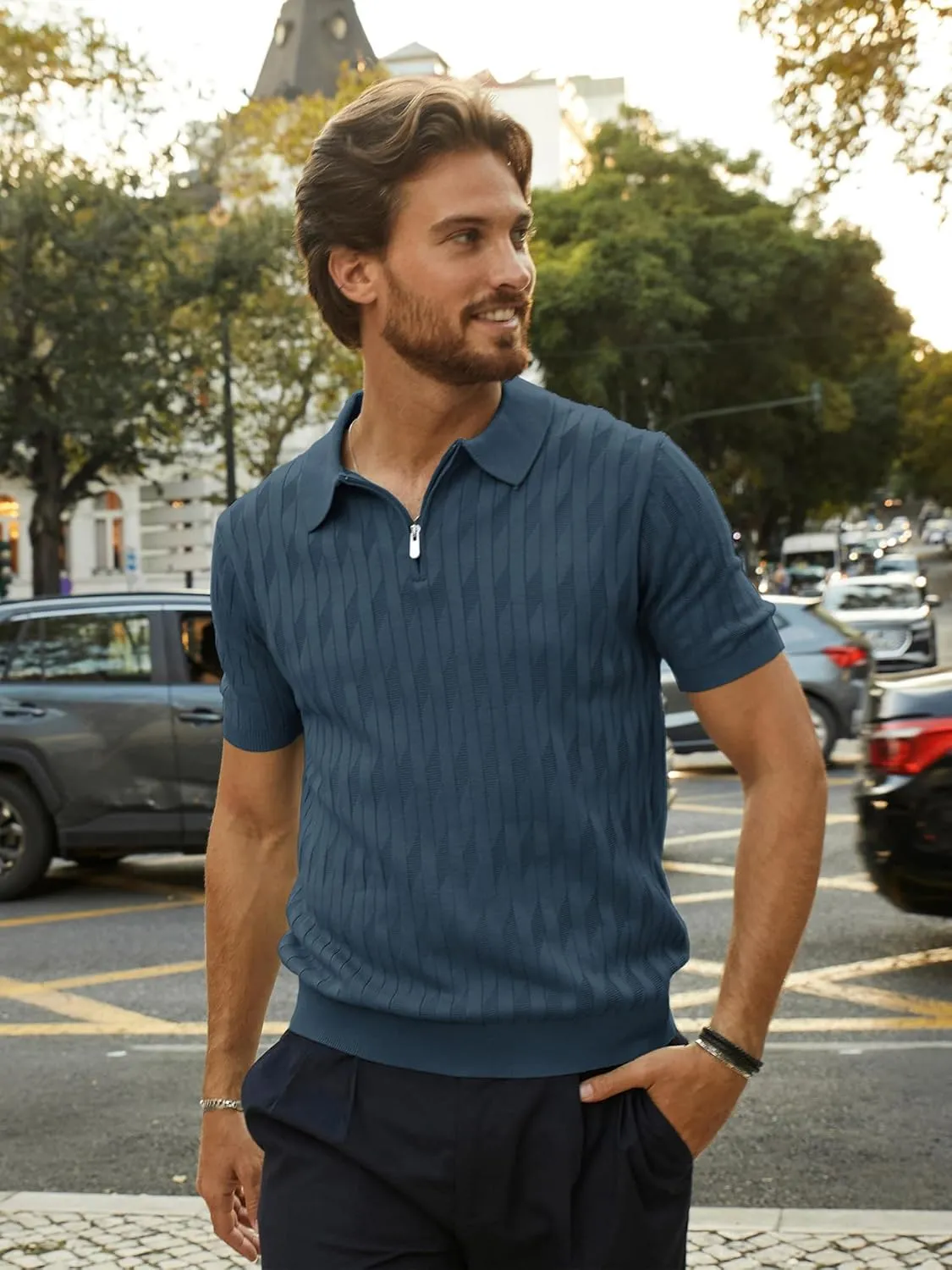 PJ PAUL JONES Men's Quarter Zip Polo Shirts Short Sleeve Textured Knit Polo T Shirt Business Casual Golf Shirts
