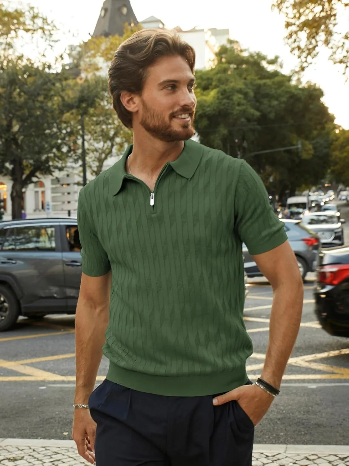 PJ PAUL JONES Men's Quarter Zip Polo Shirts Short Sleeve Textured Knit Polo T Shirt Business Casual Golf Shirts