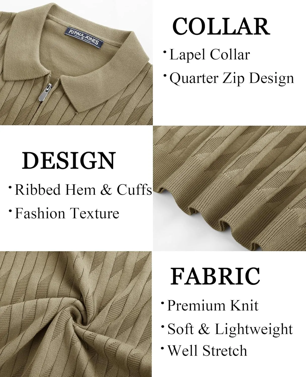 PJ PAUL JONES Men's Quarter Zip Polo Shirts Short Sleeve Textured Knit Polo T Shirt Business Casual Golf Shirts