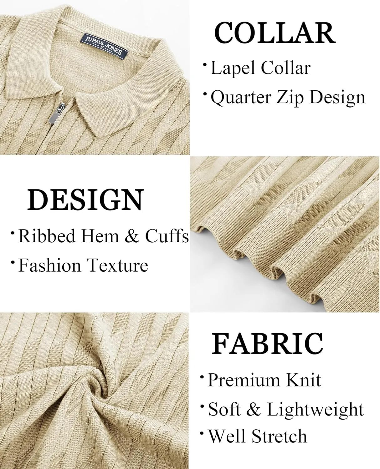 PJ PAUL JONES Men's Quarter Zip Polo Shirts Short Sleeve Textured Knit Polo T Shirt Business Casual Golf Shirts