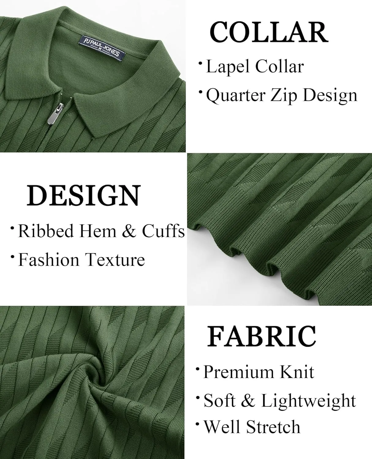 PJ PAUL JONES Men's Quarter Zip Polo Shirts Short Sleeve Textured Knit Polo T Shirt Business Casual Golf Shirts