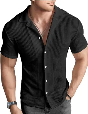 PLEPAN Men's Knit Polo Shirts Button Down Short Sleeve Casual Summer Beach Vintage Waffle Shirts for Men