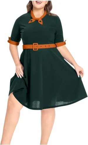 Plus Size Dress for Women Vintage Rockabilly Retro Short Sleeve Tie Midi Dress Cocktail Party Evening Prom Gown