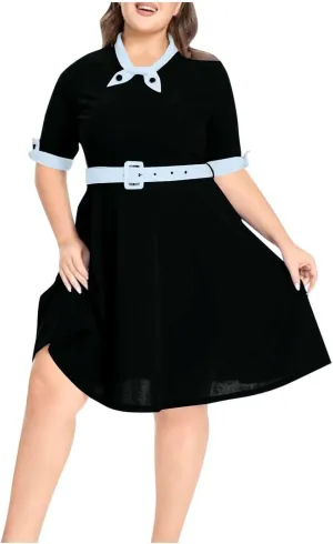 Plus Size Dress for Women Vintage Rockabilly Retro Short Sleeve Tie Midi Dress Cocktail Party Evening Prom Gown