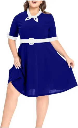 Plus Size Dress for Women Vintage Rockabilly Retro Short Sleeve Tie Midi Dress Cocktail Party Evening Prom Gown