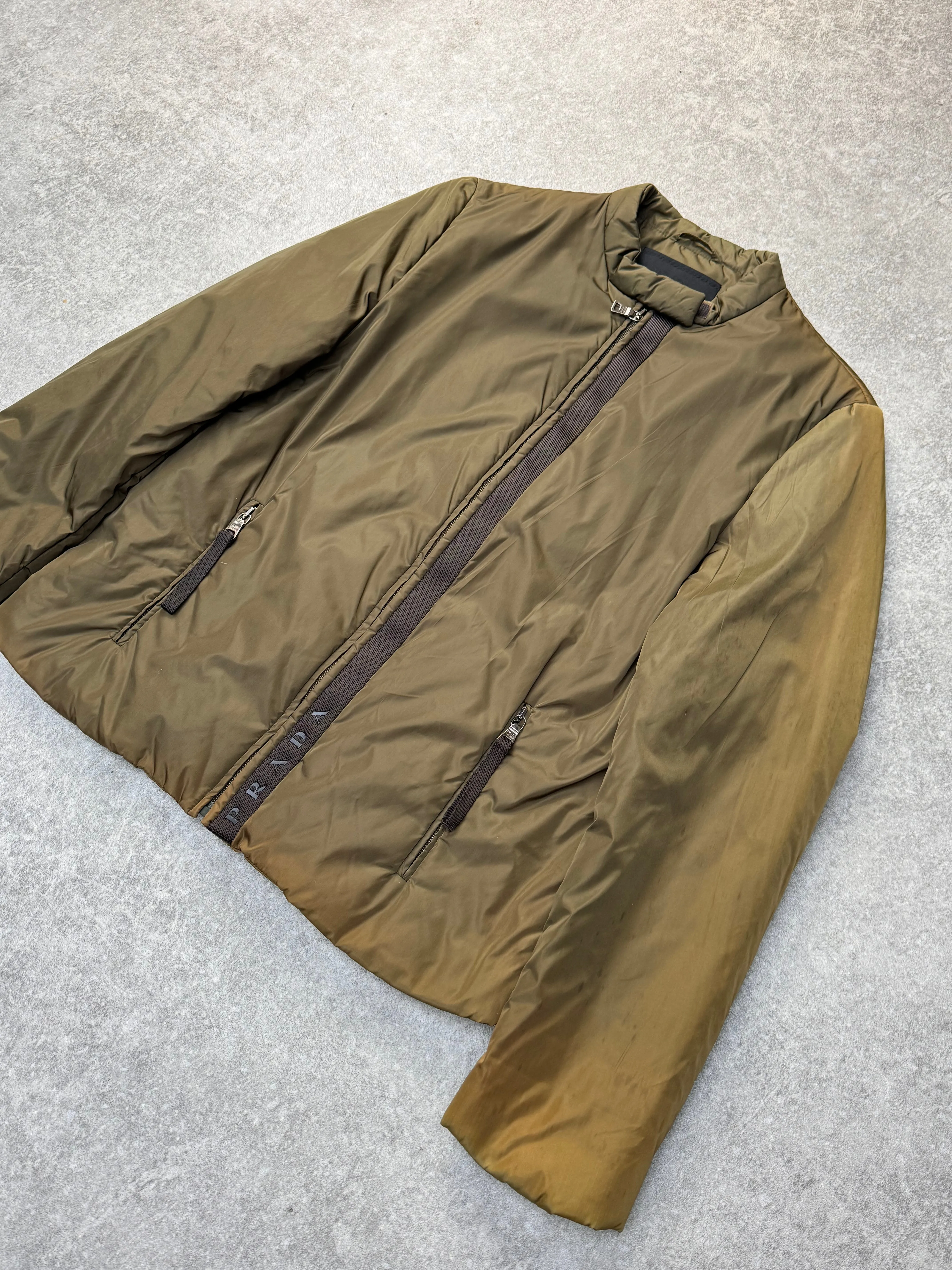 Prada Distressed Khaki Cropped Puffer Jacket