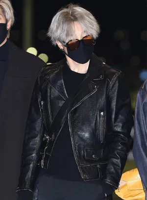 Premium Black Biker Leather Jacket Worn By Kim Taehyung | Kim Taehyung Premium Black Biker Leather Jacket