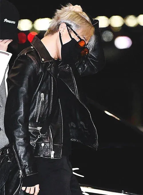 Premium Black Biker Leather Jacket Worn By Kim Taehyung | Kim Taehyung Premium Black Biker Leather Jacket