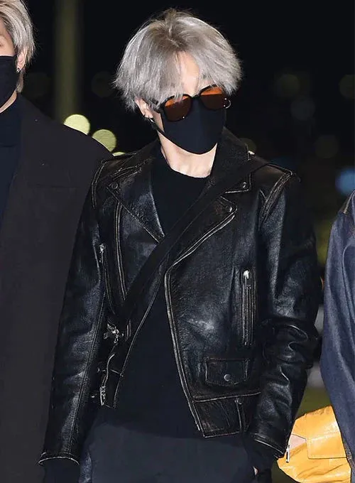 Premium Black Biker Leather Jacket Worn By Kim Taehyung | Kim Taehyung Premium Black Biker Leather Jacket