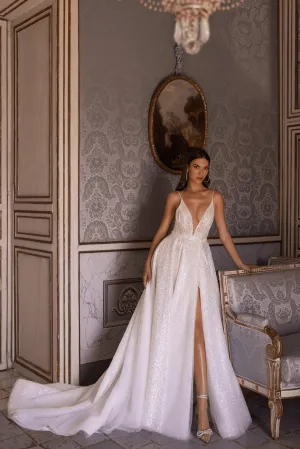 Pretty Sequin Dress and Glittering V-Neck Wedding Dress with Slit – White Sequin Dress and Designer Sequin Gown Plus Size
