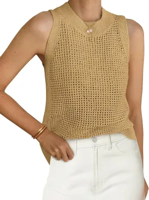 PRETTYGARDEN Summer Crochet Tank Tops for Women 2025 Casual Crewneck Hollow Out Loose Knit Sleeveless Sweater Vest Top Trendy