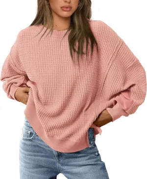 PRETTYGARDEN Women's Oversized Crewneck Sweatshirts Fall Fashion Casual Long Sleeve Pullover Waffle Knit Spring Shirts Top