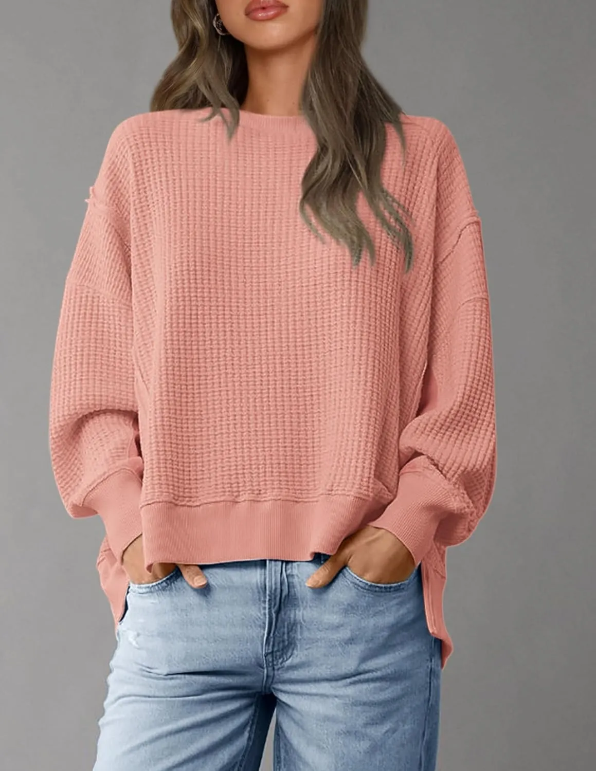 PRETTYGARDEN Women's Oversized Crewneck Sweatshirts Fall Fashion Casual Long Sleeve Pullover Waffle Knit Spring Shirts Top