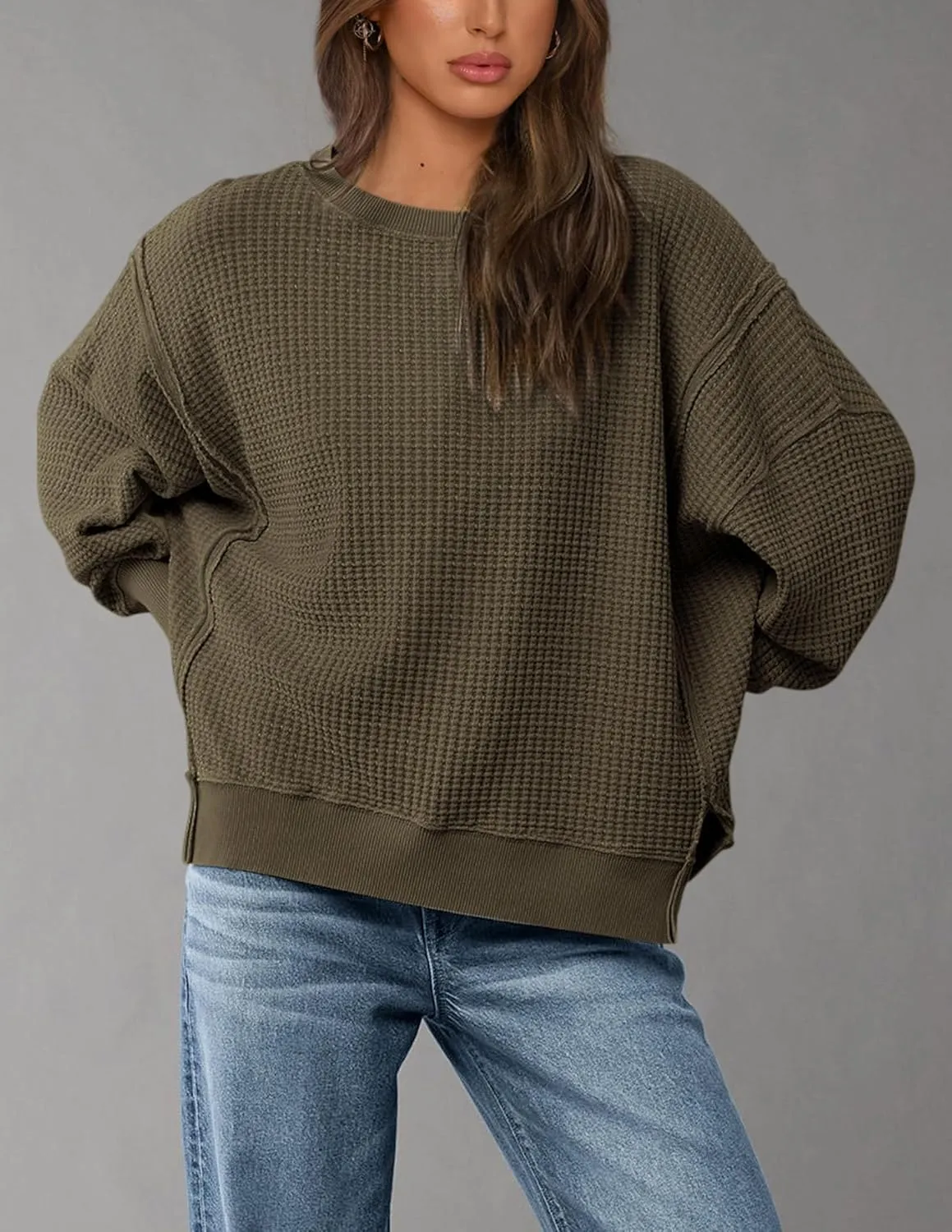 PRETTYGARDEN Women's Oversized Crewneck Sweatshirts Fall Fashion Casual Long Sleeve Pullover Waffle Knit Spring Shirts Top