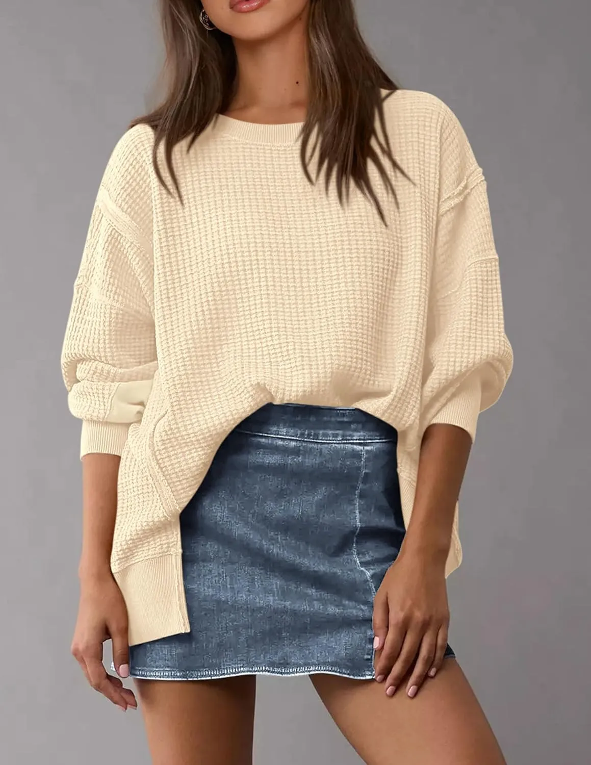 PRETTYGARDEN Women's Oversized Crewneck Sweatshirts Fall Fashion Casual Long Sleeve Pullover Waffle Knit Spring Shirts Top