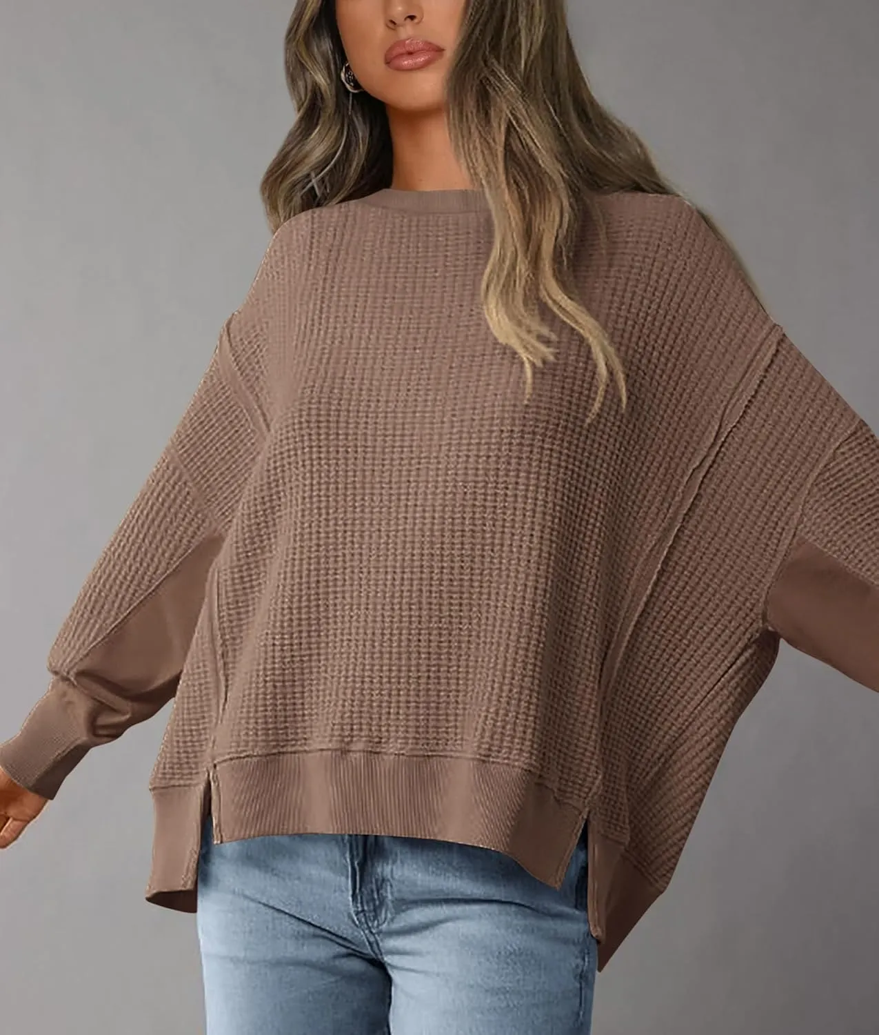 PRETTYGARDEN Women's Oversized Crewneck Sweatshirts Fall Fashion Casual Long Sleeve Pullover Waffle Knit Spring Shirts Top