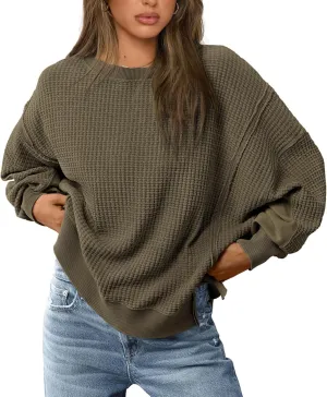 PRETTYGARDEN Women's Oversized Crewneck Sweatshirts Fall Fashion Casual Long Sleeve Pullover Waffle Knit Spring Shirts Top
