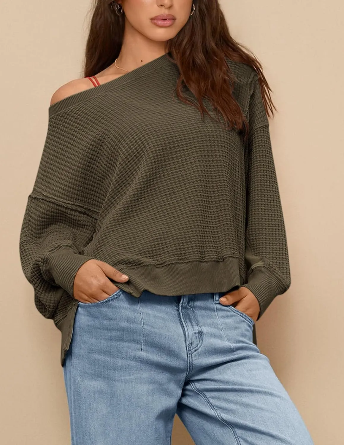 PRETTYGARDEN Women's Oversized Crewneck Sweatshirts Fall Fashion Casual Long Sleeve Pullover Waffle Knit Spring Shirts Top