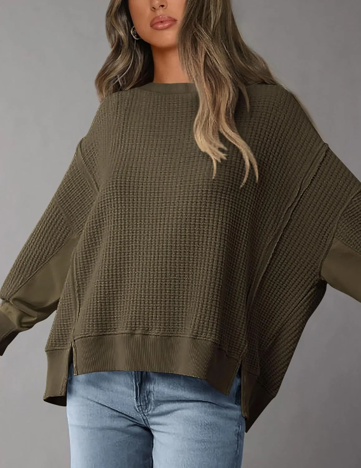 PRETTYGARDEN Women's Oversized Crewneck Sweatshirts Fall Fashion Casual Long Sleeve Pullover Waffle Knit Spring Shirts Top