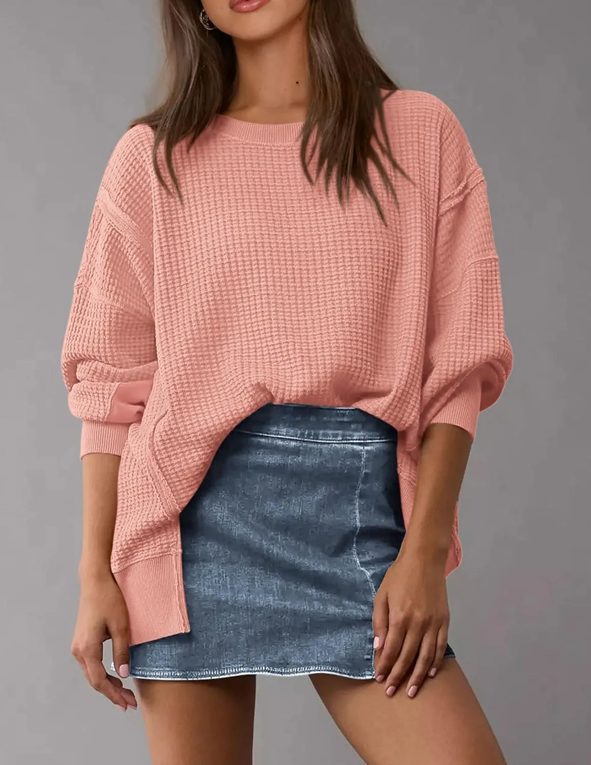 PRETTYGARDEN Women's Oversized Crewneck Sweatshirts Fall Fashion Casual Long Sleeve Pullover Waffle Knit Spring Shirts Top