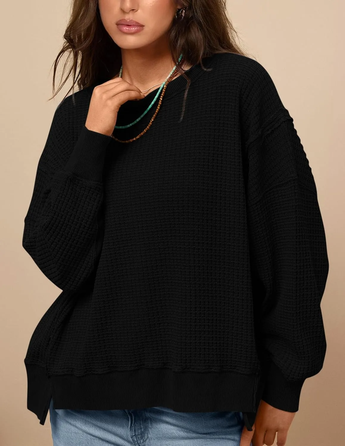 PRETTYGARDEN Women's Oversized Crewneck Sweatshirts Fall Fashion Casual Long Sleeve Pullover Waffle Knit Spring Shirts Top