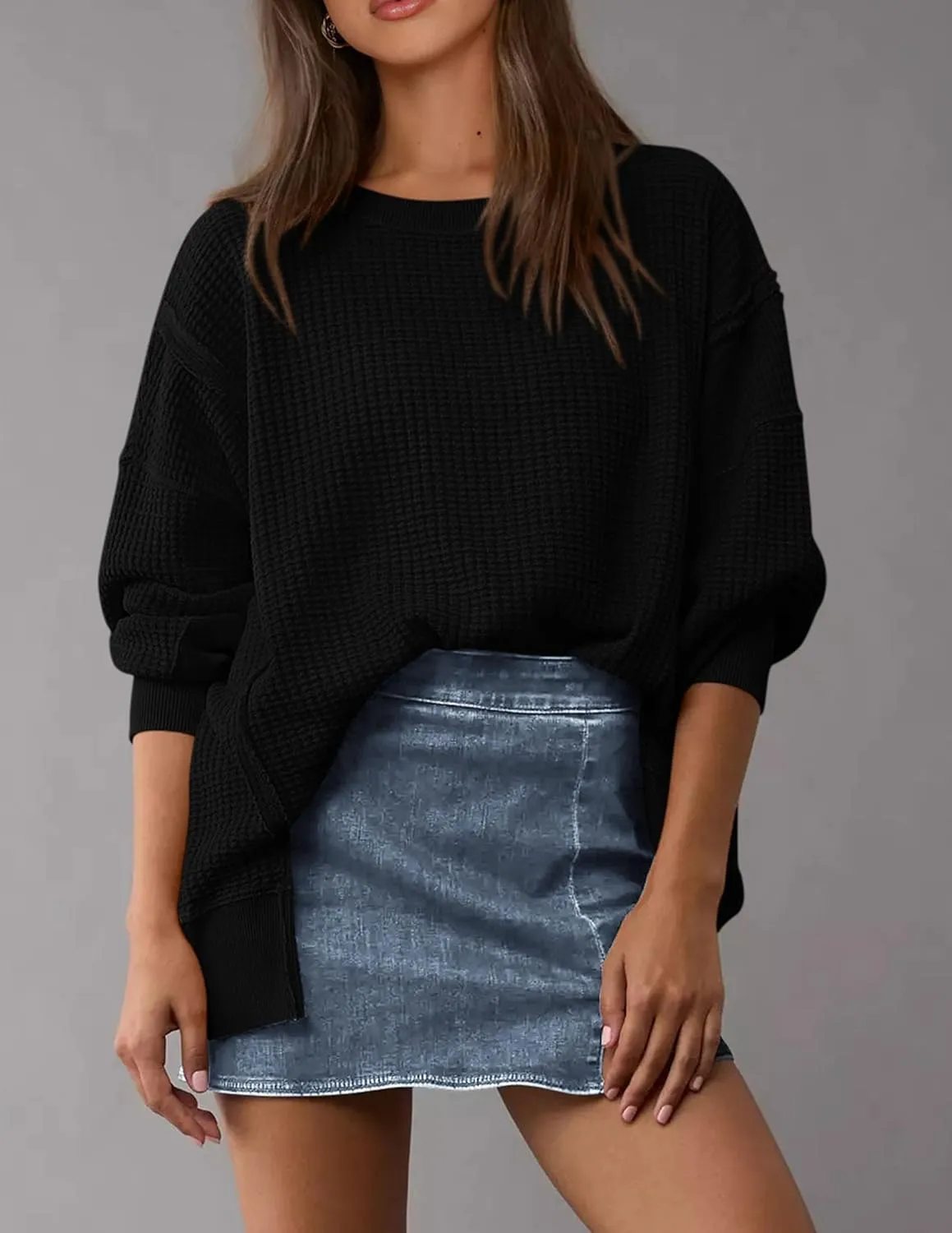 PRETTYGARDEN Women's Oversized Crewneck Sweatshirts Fall Fashion Casual Long Sleeve Pullover Waffle Knit Spring Shirts Top
