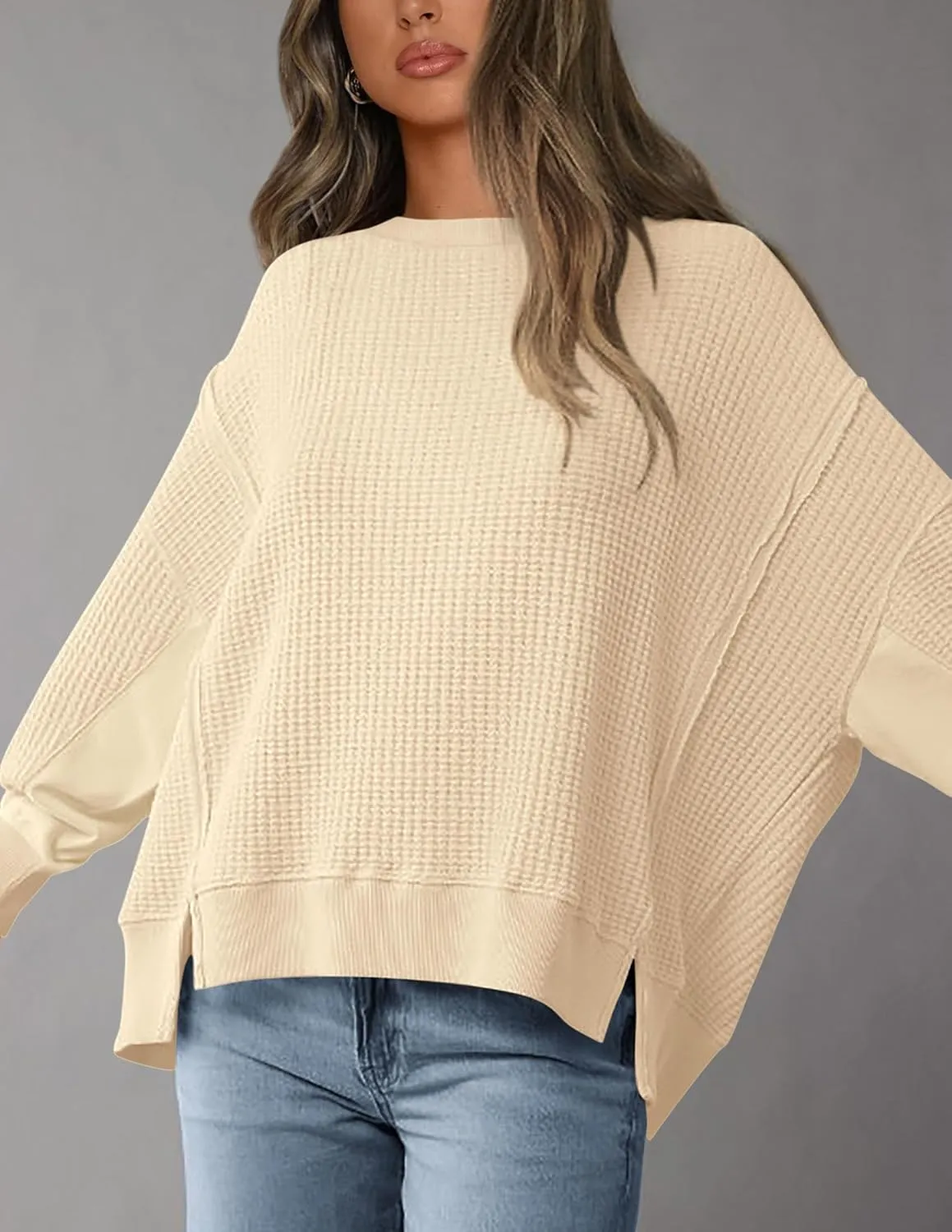 PRETTYGARDEN Women's Oversized Crewneck Sweatshirts Fall Fashion Casual Long Sleeve Pullover Waffle Knit Spring Shirts Top