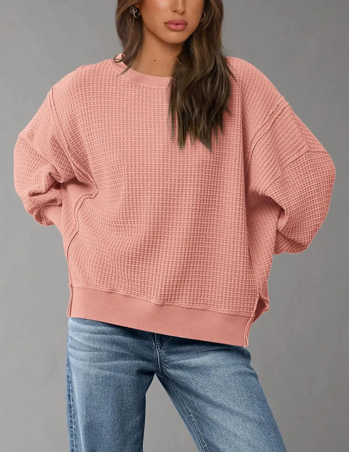 PRETTYGARDEN Women's Oversized Crewneck Sweatshirts Fall Fashion Casual Long Sleeve Pullover Waffle Knit Spring Shirts Top