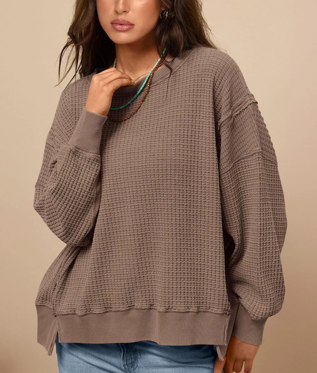 PRETTYGARDEN Women's Oversized Crewneck Sweatshirts Fall Fashion Casual Long Sleeve Pullover Waffle Knit Spring Shirts Top