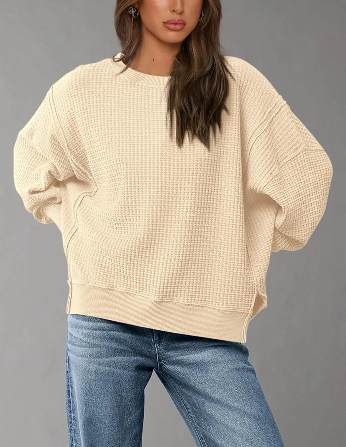 PRETTYGARDEN Women's Oversized Crewneck Sweatshirts Fall Fashion Casual Long Sleeve Pullover Waffle Knit Spring Shirts Top