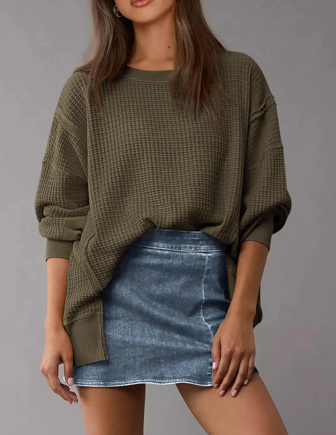 PRETTYGARDEN Women's Oversized Crewneck Sweatshirts Fall Fashion Casual Long Sleeve Pullover Waffle Knit Spring Shirts Top