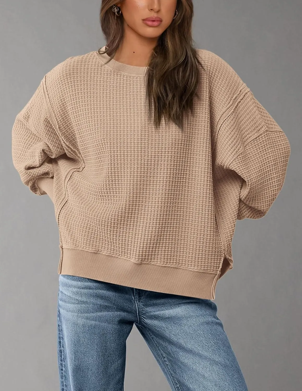PRETTYGARDEN Women's Oversized Crewneck Sweatshirts Fall Fashion Casual Long Sleeve Pullover Waffle Knit Spring Shirts Top