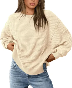 PRETTYGARDEN Women's Oversized Crewneck Sweatshirts Fall Fashion Casual Long Sleeve Pullover Waffle Knit Spring Shirts Top