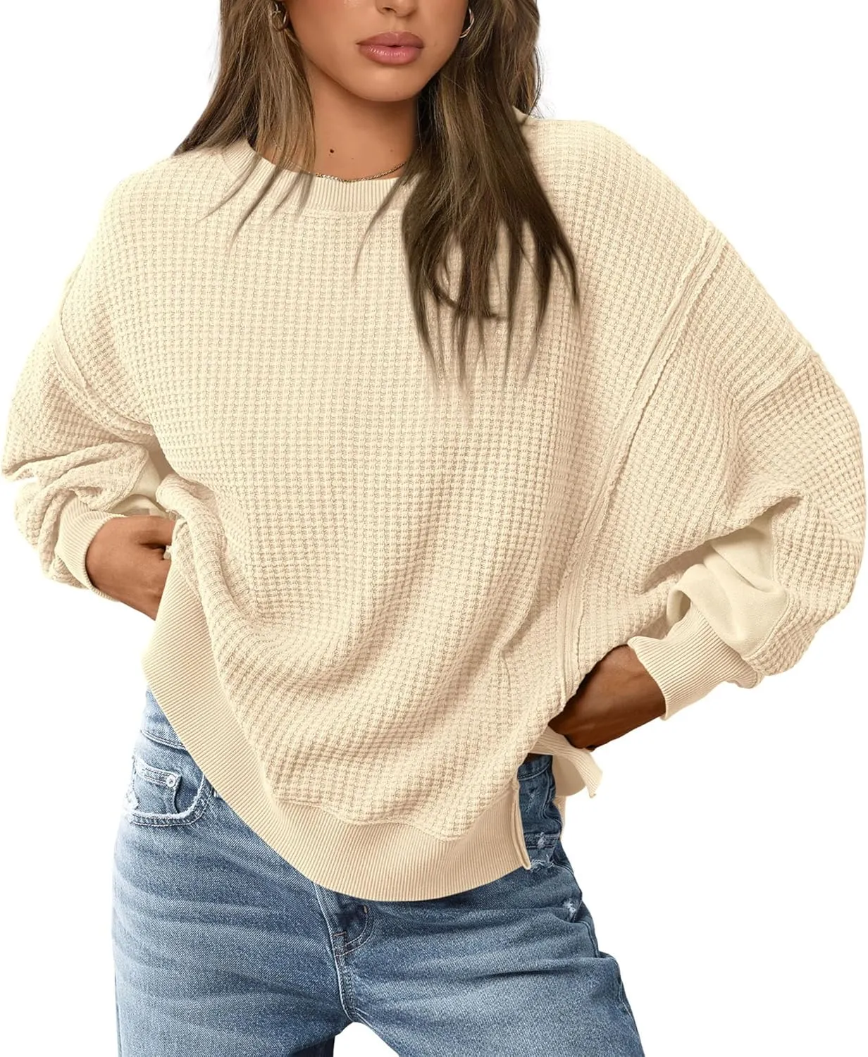 PRETTYGARDEN Women's Oversized Crewneck Sweatshirts Fall Fashion Casual Long Sleeve Pullover Waffle Knit Spring Shirts Top