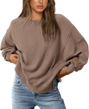 PRETTYGARDEN Women's Oversized Crewneck Sweatshirts Fall Fashion Casual Long Sleeve Pullover Waffle Knit Spring Shirts Top