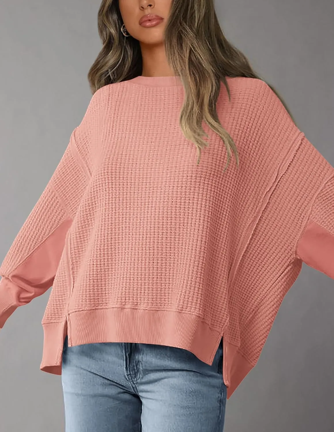 PRETTYGARDEN Women's Oversized Crewneck Sweatshirts Fall Fashion Casual Long Sleeve Pullover Waffle Knit Spring Shirts Top