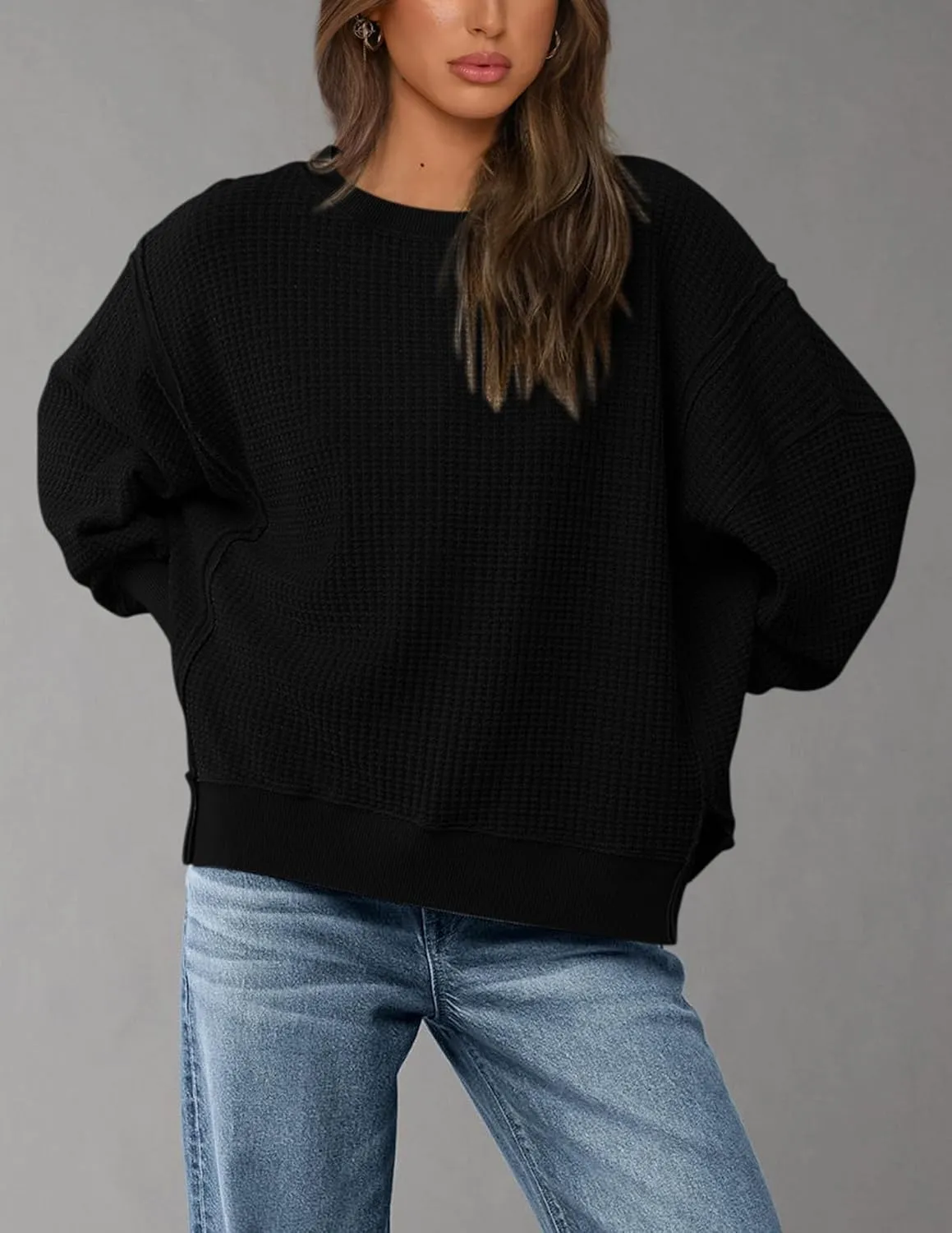 PRETTYGARDEN Women's Oversized Crewneck Sweatshirts Fall Fashion Casual Long Sleeve Pullover Waffle Knit Spring Shirts Top