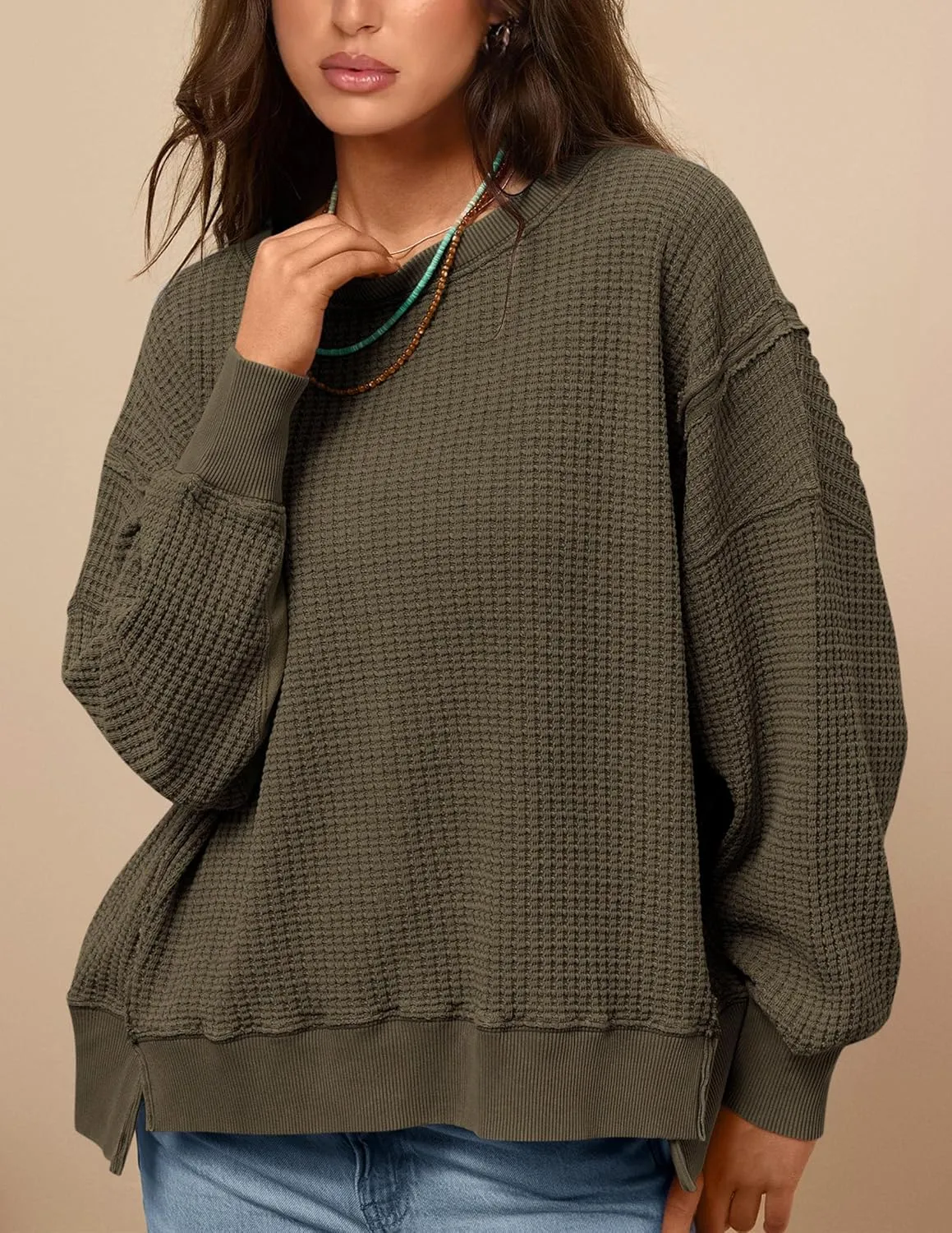 PRETTYGARDEN Women's Oversized Crewneck Sweatshirts Fall Fashion Casual Long Sleeve Pullover Waffle Knit Spring Shirts Top