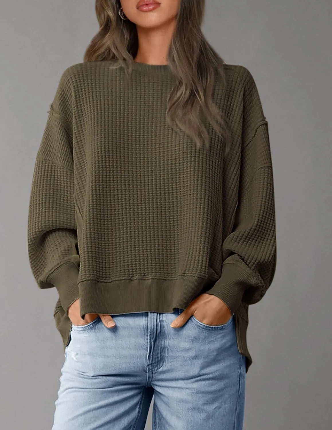 PRETTYGARDEN Women's Oversized Crewneck Sweatshirts Fall Fashion Casual Long Sleeve Pullover Waffle Knit Spring Shirts Top