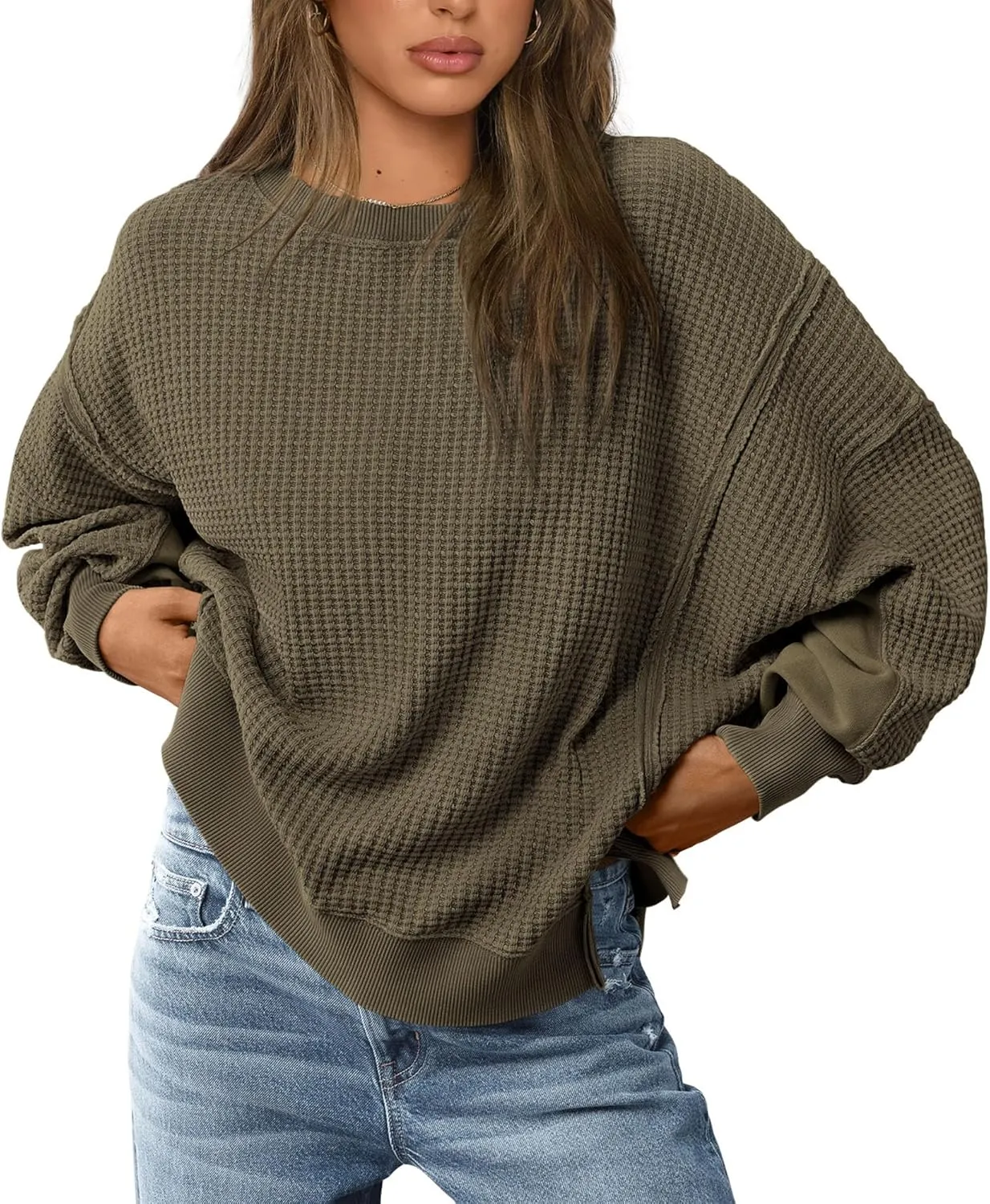 PRETTYGARDEN Women's Oversized Crewneck Sweatshirts Fall Fashion Casual Long Sleeve Pullover Waffle Knit Spring Shirts Top