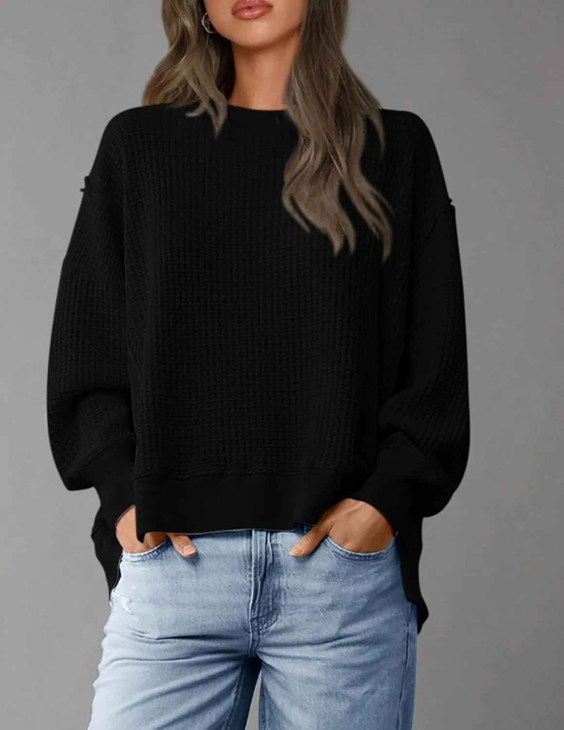 PRETTYGARDEN Women's Oversized Crewneck Sweatshirts Fall Fashion Casual Long Sleeve Pullover Waffle Knit Spring Shirts Top