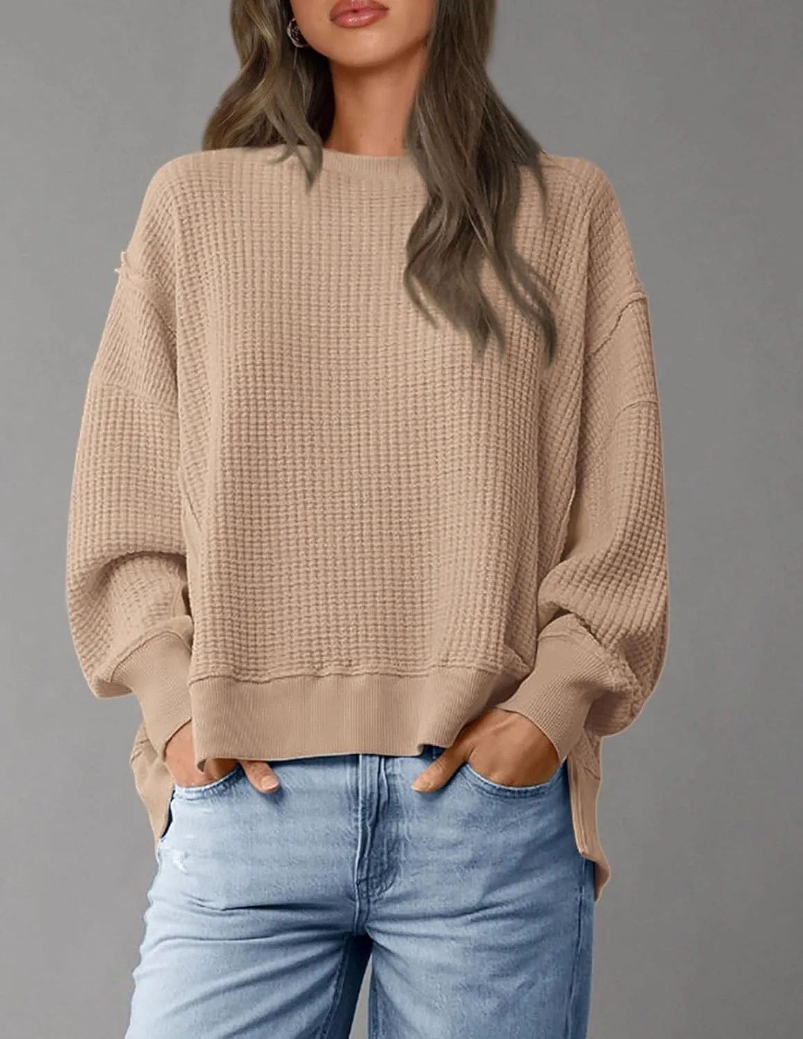 PRETTYGARDEN Women's Oversized Crewneck Sweatshirts Fall Fashion Casual Long Sleeve Pullover Waffle Knit Spring Shirts Top