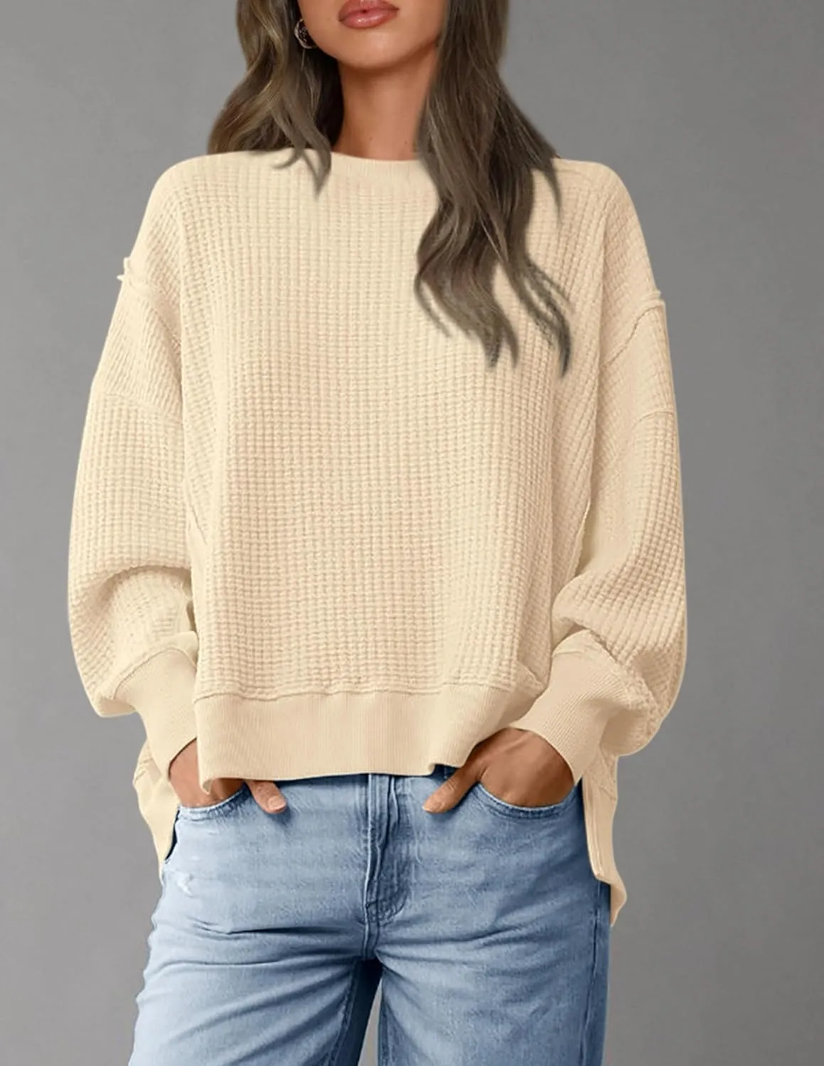PRETTYGARDEN Women's Oversized Crewneck Sweatshirts Fall Fashion Casual Long Sleeve Pullover Waffle Knit Spring Shirts Top