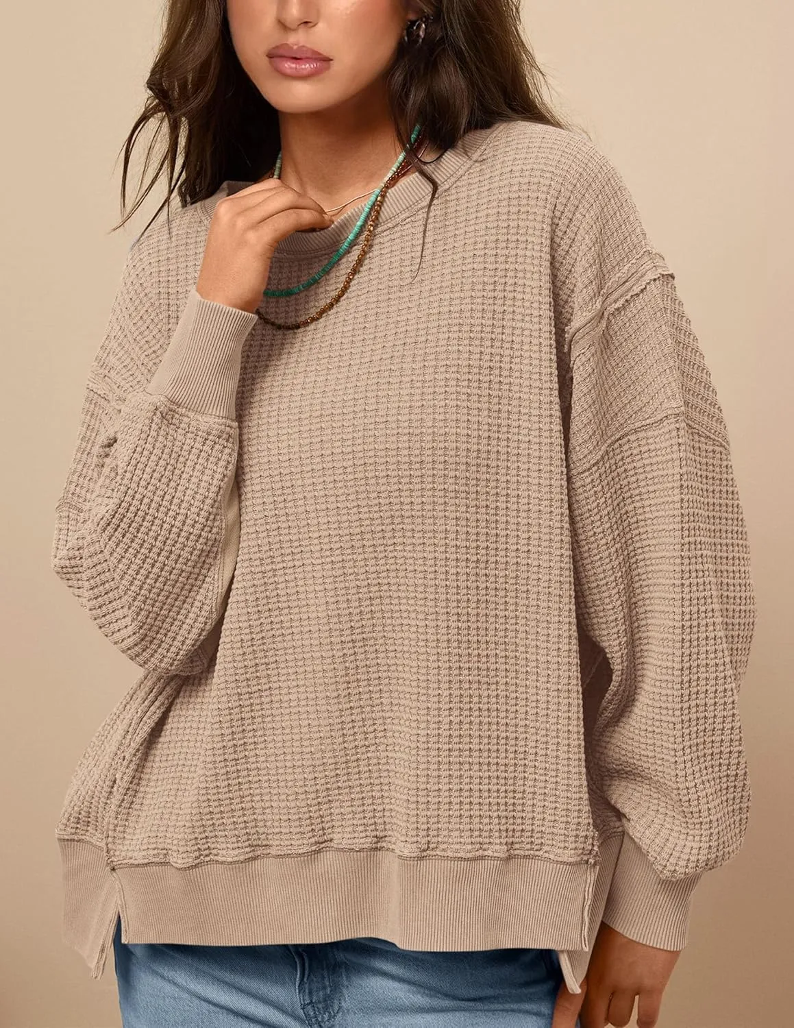 PRETTYGARDEN Women's Oversized Crewneck Sweatshirts Fall Fashion Casual Long Sleeve Pullover Waffle Knit Spring Shirts Top
